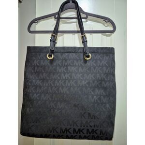 Michael Kors Black Leather Monogram Jet Set Grab Shoulder Tote Bag
